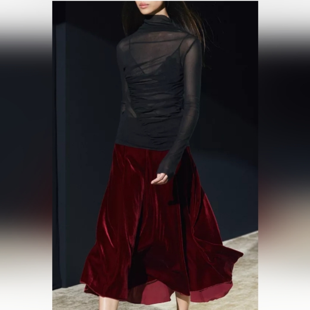 Zara Zw Collection Godets Velvet Midi Skirt Sz M